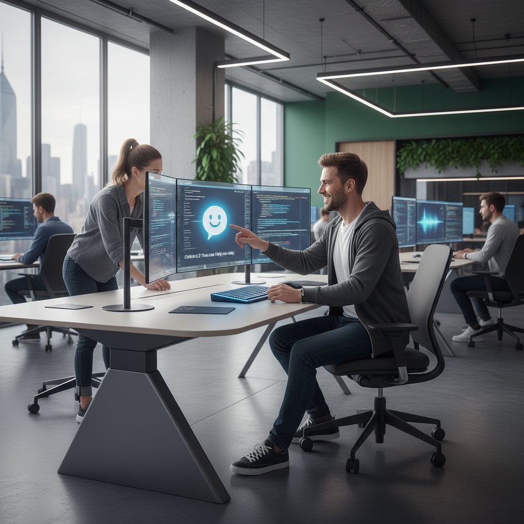 Programista testujący chatbota AI w nowoczesnym biurze