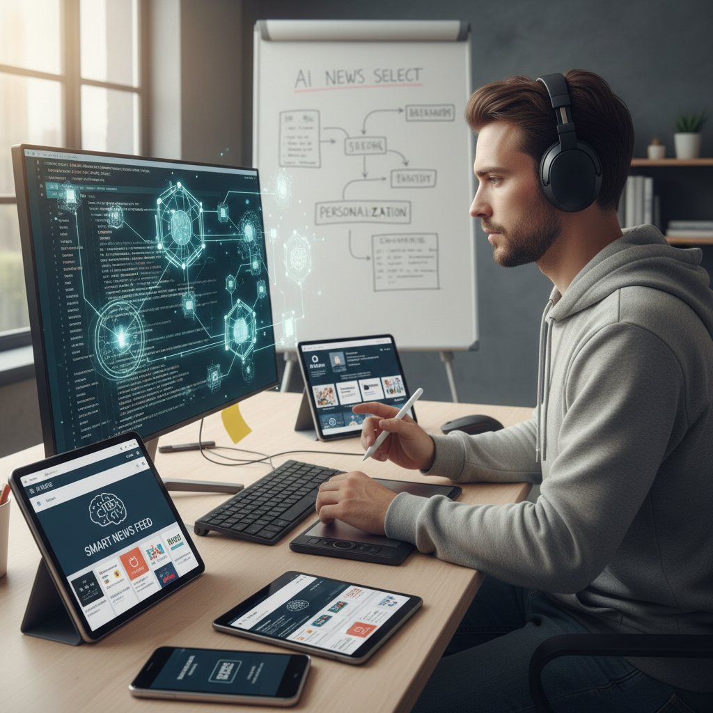 Programista testujący algorytmy AI do selekcji newsów o aplikacjach na wielu monitorach