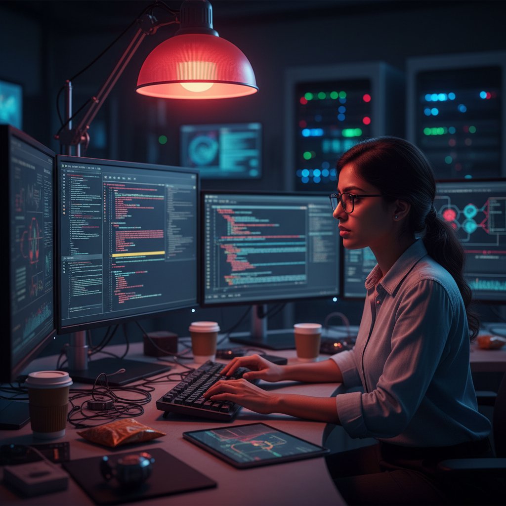 Twórca AI analizujący kod na monitorze, czerwone ostrzegawcze światło