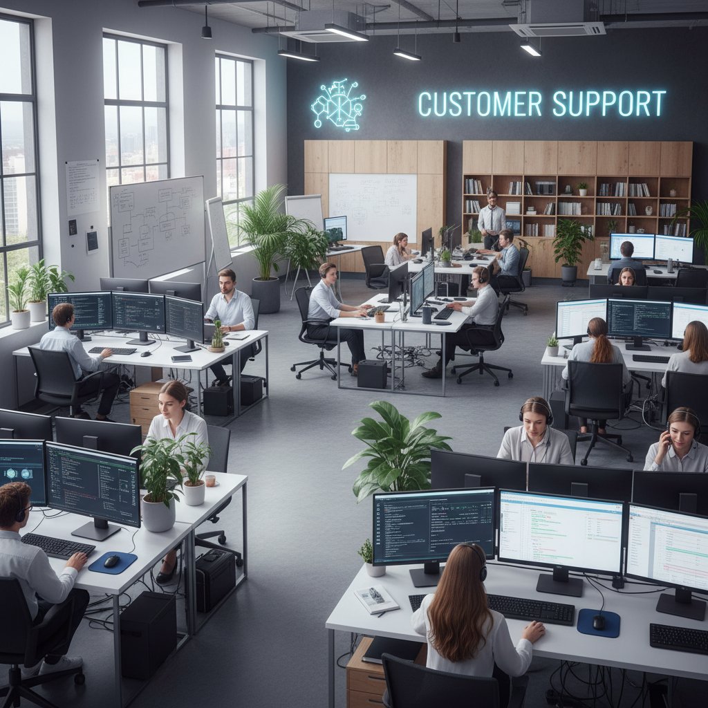 Nowoczesny zespół IT pracujący nad wdrożeniem AI w obsłudze klienta, biuro, monitory, kod