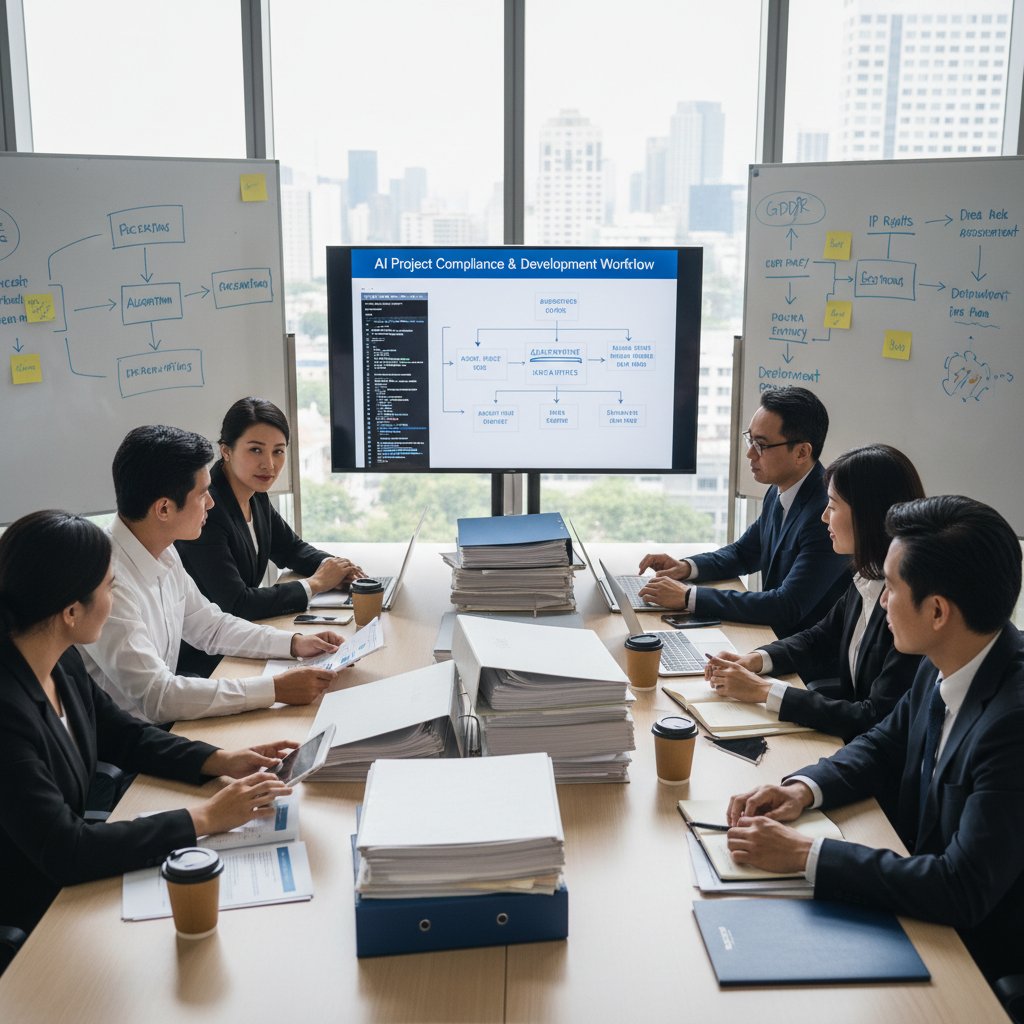 Zespół programistów i prawników analizuje dokumentację projektu AI przy stole