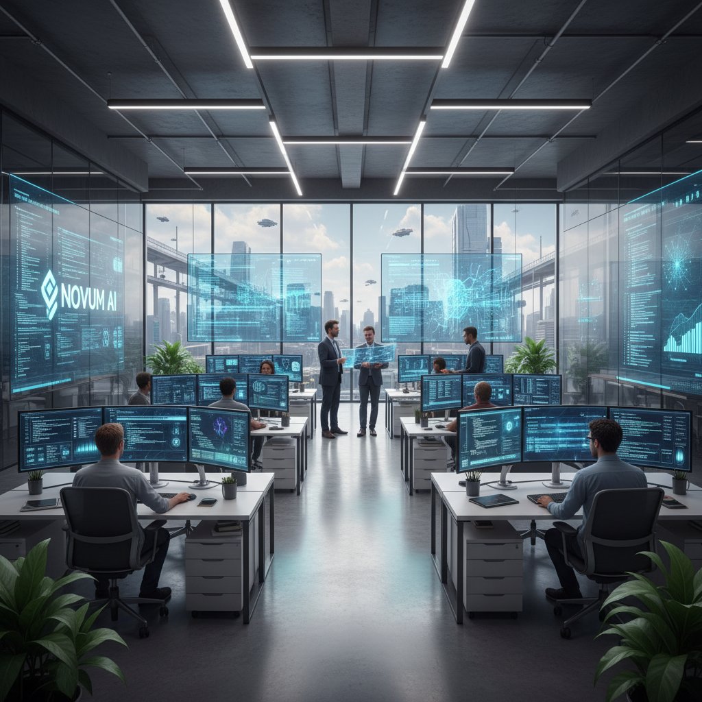 Zespół pracuje nad nowoczesnymi technologiami AI w biurze, ekrany z wykresami i danymi