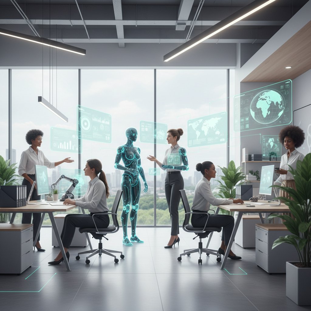 Modern team with an AI digital coworker, hopeful atmosphere, seamless technology integration