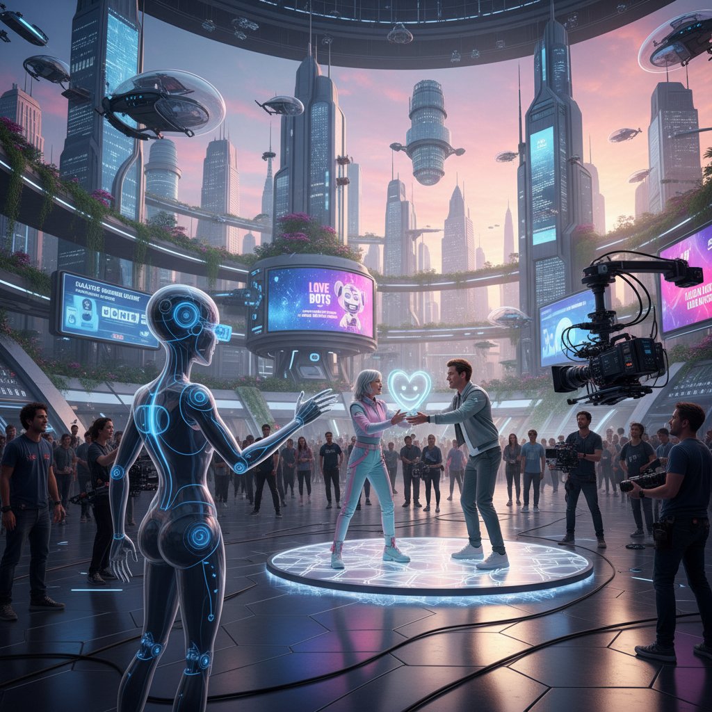 Futuristic film set with AI director guiding human actors in romantic comedy