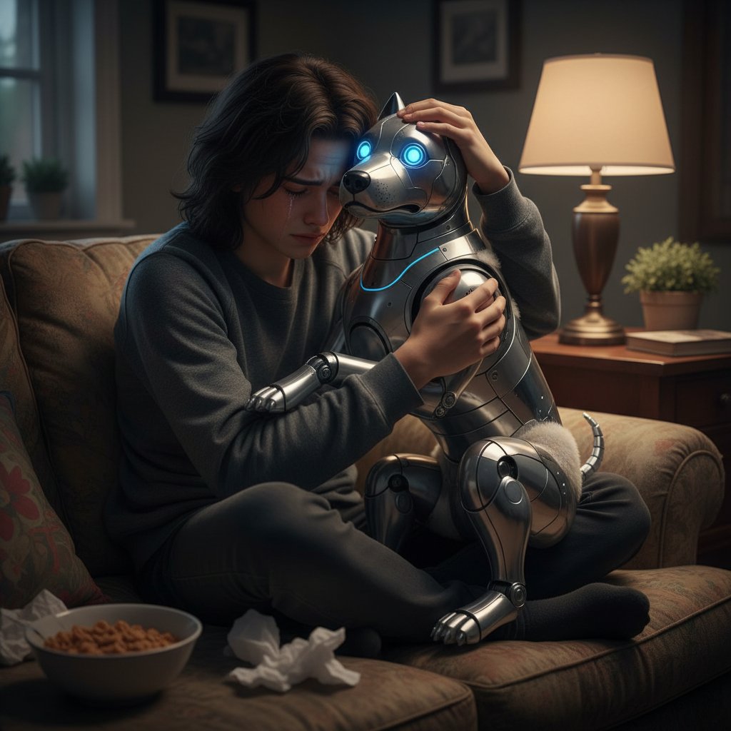 Piesek AI pocieszający nastolatka w smutku