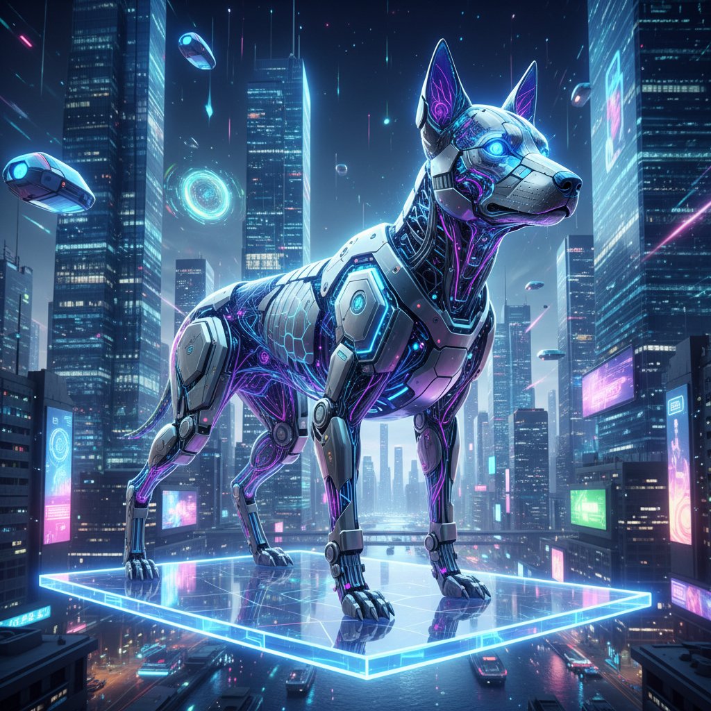 Nowoczesny pies interaktywny na tle kodu i sieci neuronowych, symbol AI