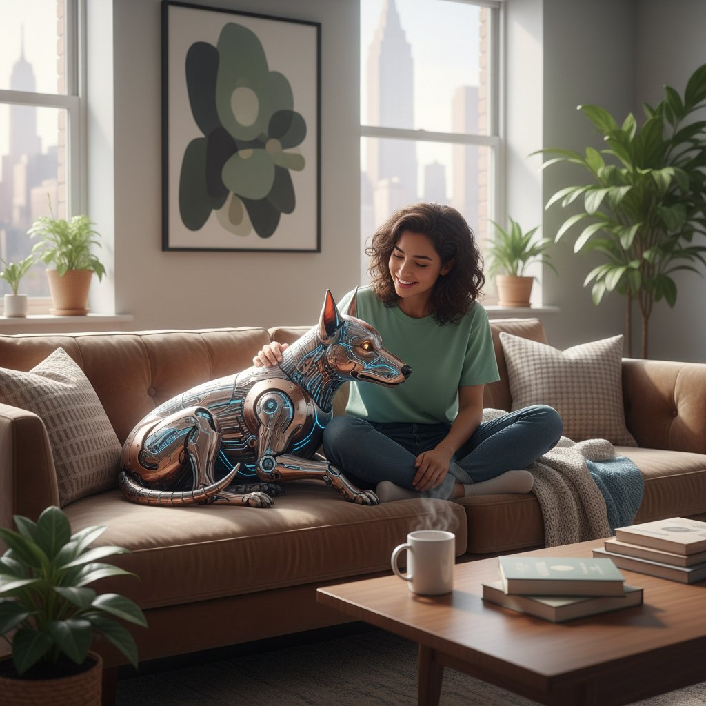 Piesek AI w nowoczesnym salonie, przytulający się do młodej osoby z telefonem – zdjęcie ilustrujące więź człowieka z wirtualnym psem