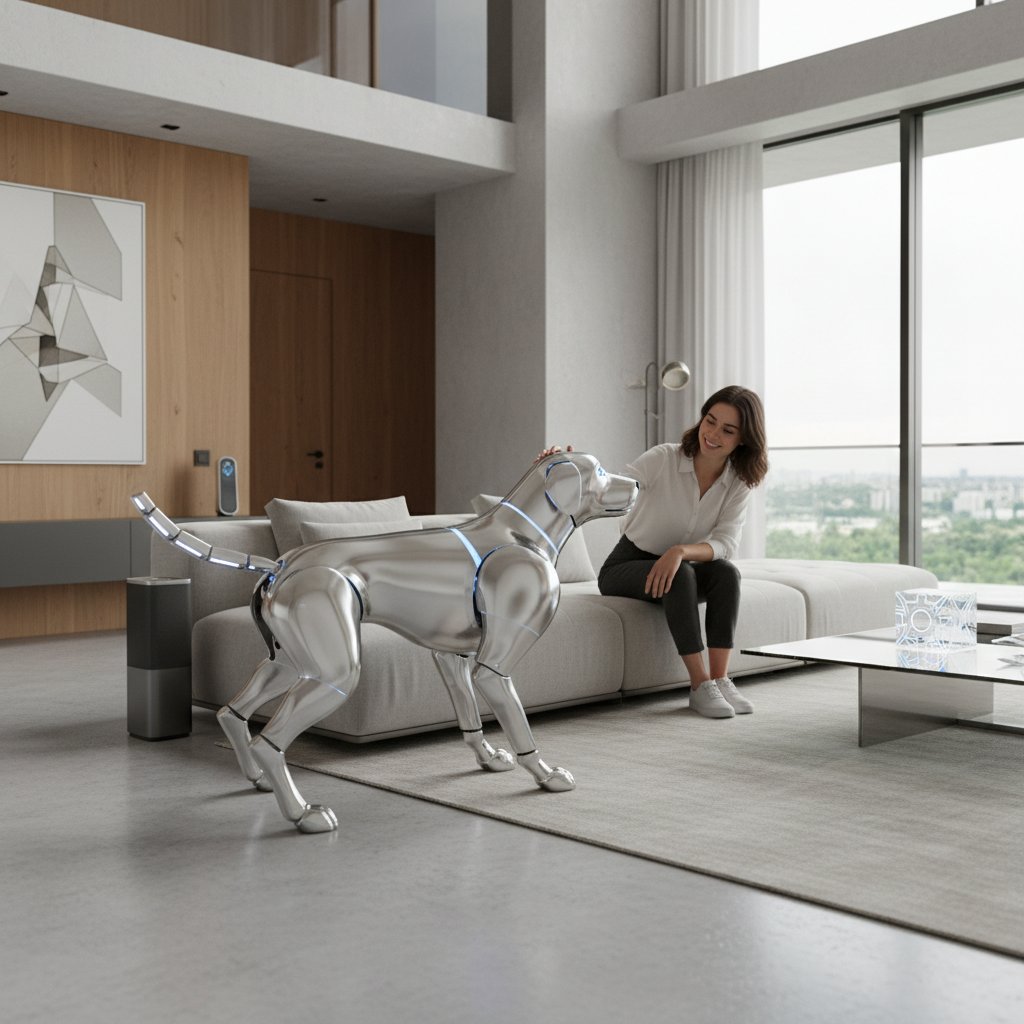 Zaawansowany piesek AI reagujący na dotyk użytkownika w nowoczesnej przestrzeni domowej