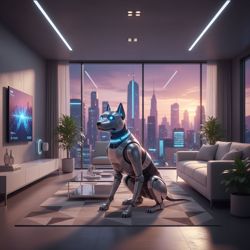 Wirtualny piesek AI jako towarzysz samotnego właściciela w nowoczesnym mieszkaniu