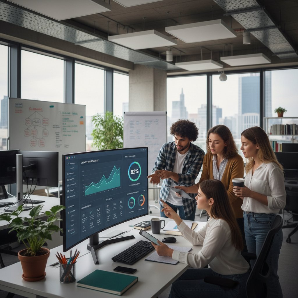 Zaawansowany dashboard z AI w polskim interfejsie, marketerzy analizujący dane w nowoczesnej przestrzeni biurowej