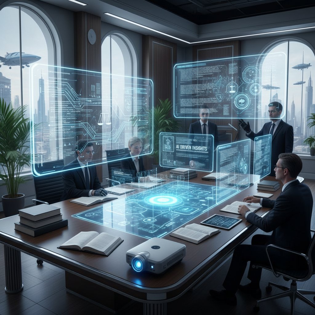 Team examines AI-driven insights on legal documents, professionals reviewing AI-analyzed documents in a modern workspace