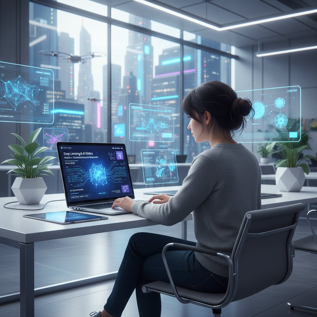 Nowoczesna platforma edukacyjna z elementami AI, młody doktorant korzysta z aplikacji na laptopie