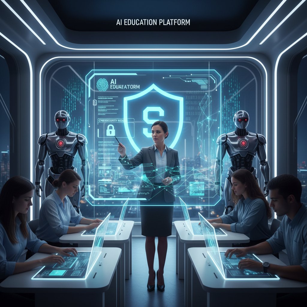 Nowoczesna platforma edukacyjna, nauczyciel korzysta z AI, symbol bezpieczeństwa i technologii