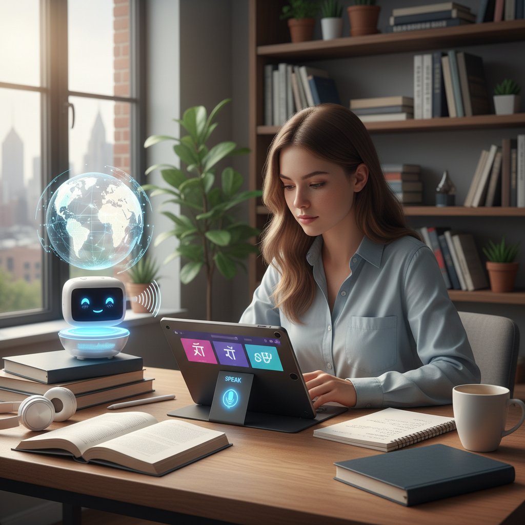 Nowoczesne narzędzia edukacyjne AI na biurku, student korzystający z tabletu i aplikacji językowej