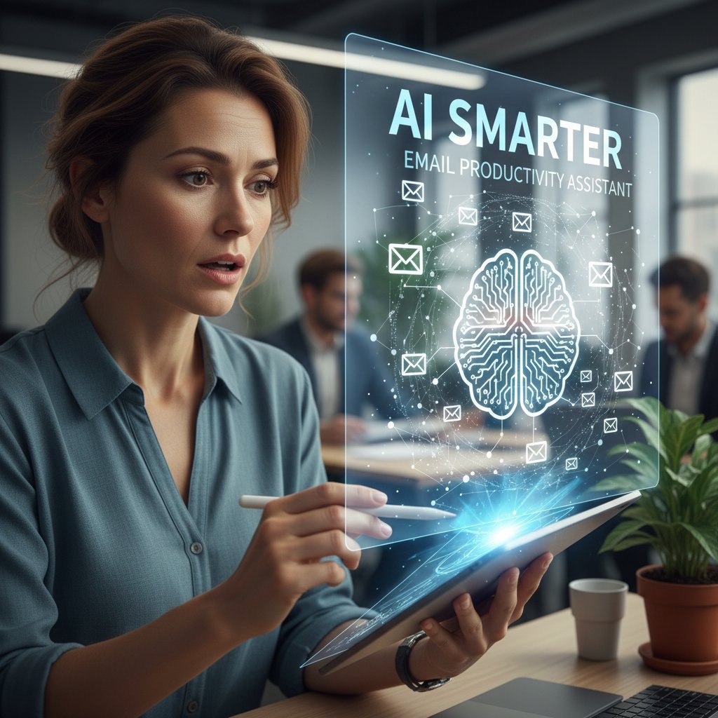 Office worker looking surprised as digital AI assistant highlights important missed email insight