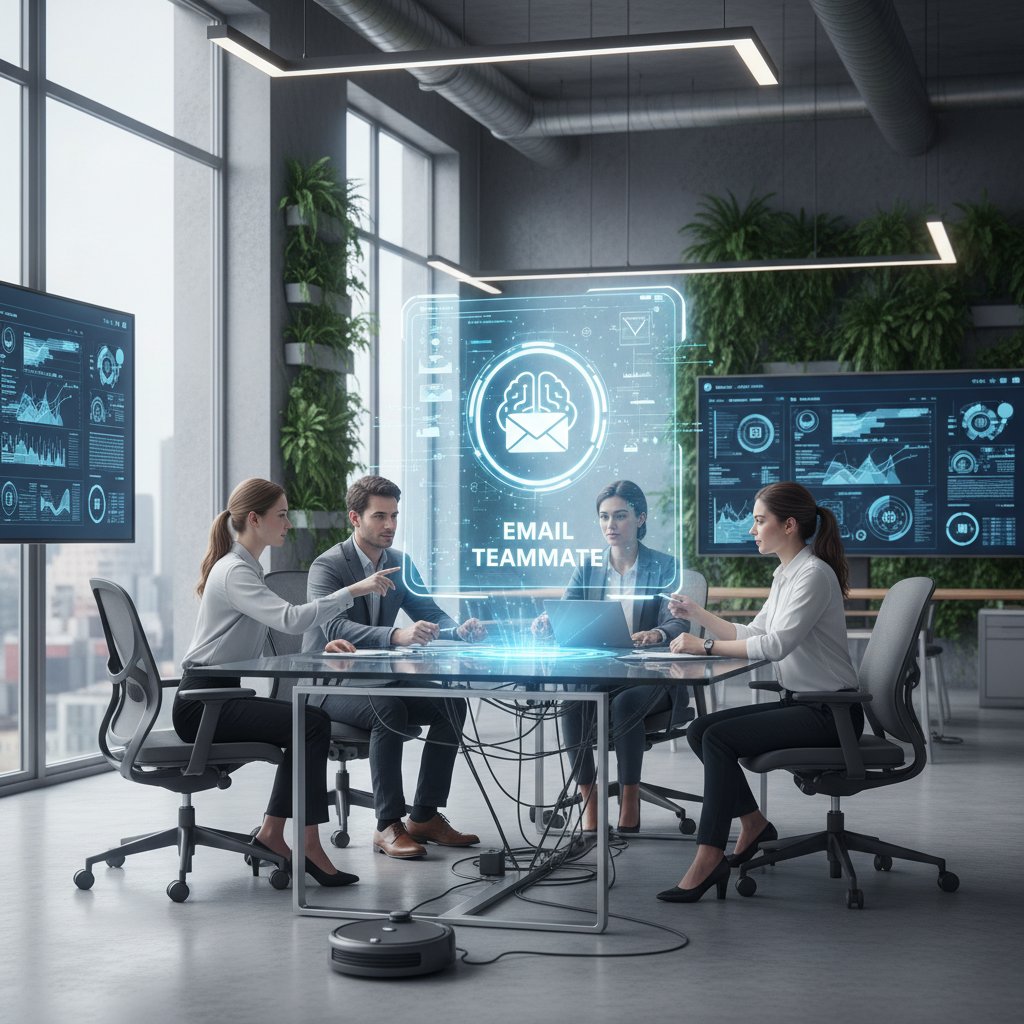 AI-powered email teammate in modern office, blending seamlessly with team collaboration