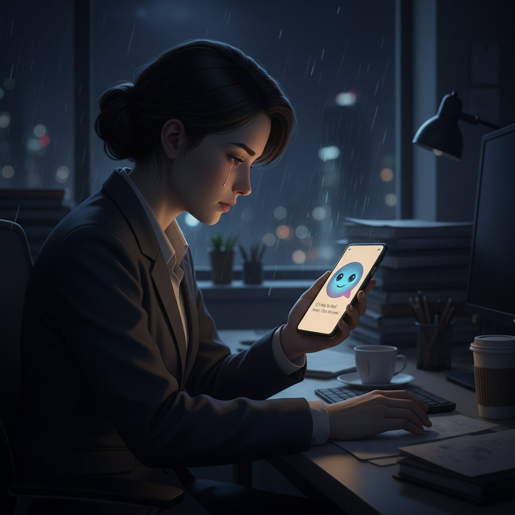 Zdjęcie ekranu smartfona z aplikacją AI wsparcia emocjonalnego, w tle nocne biuro – AI a presja w pracy