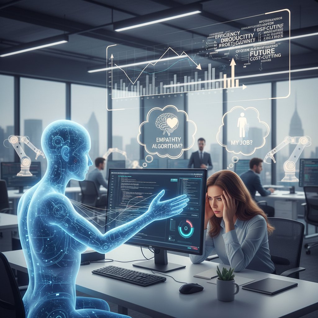 Office environment with AI support helper assisting, but human employee shows concern