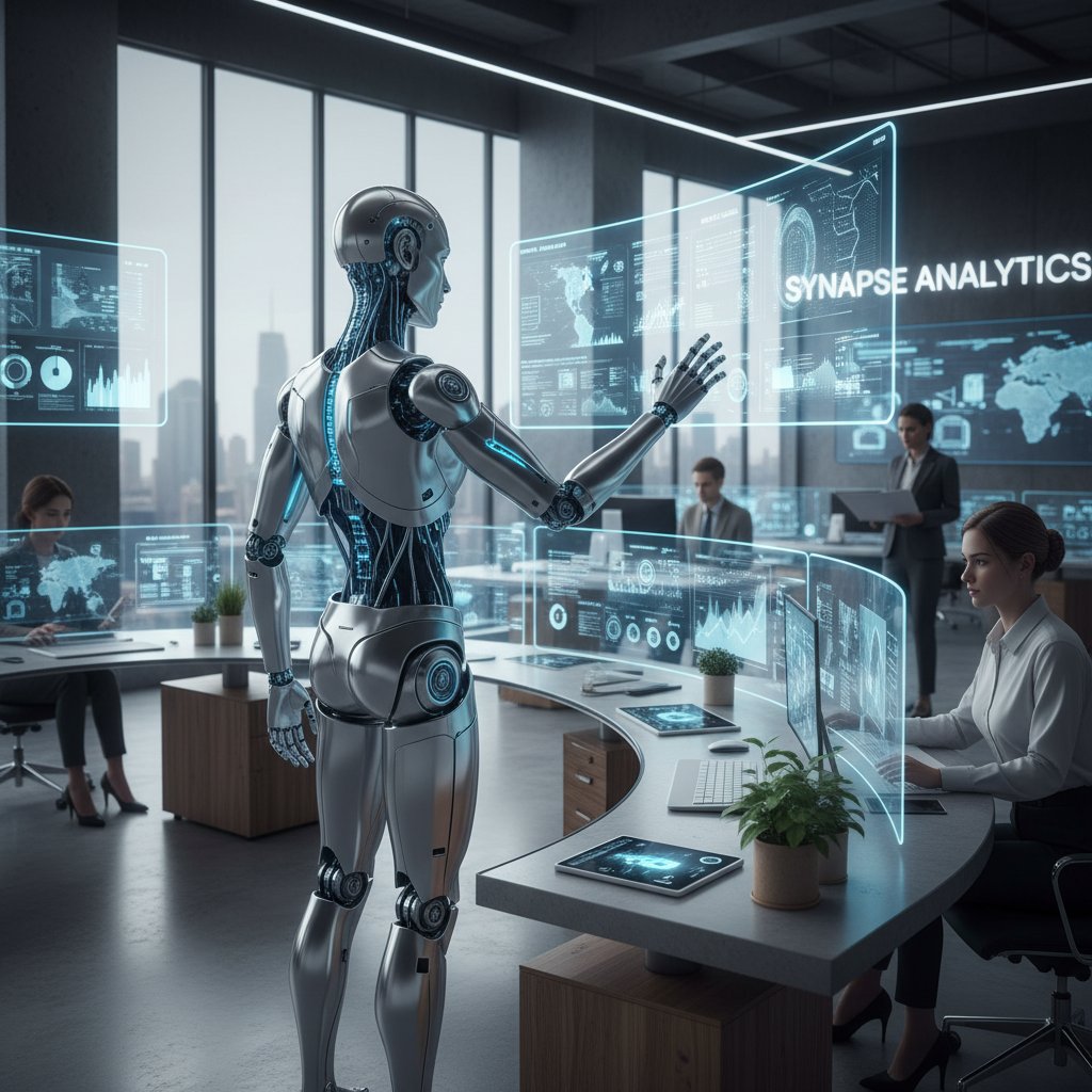 Wirtualny pracownik AI analizujący dane w nowoczesnym polskim biurze