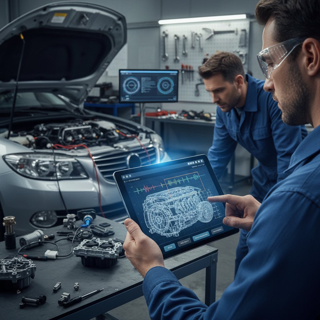 Technician using AI diagnostic app to analyze engine noise in repair shop