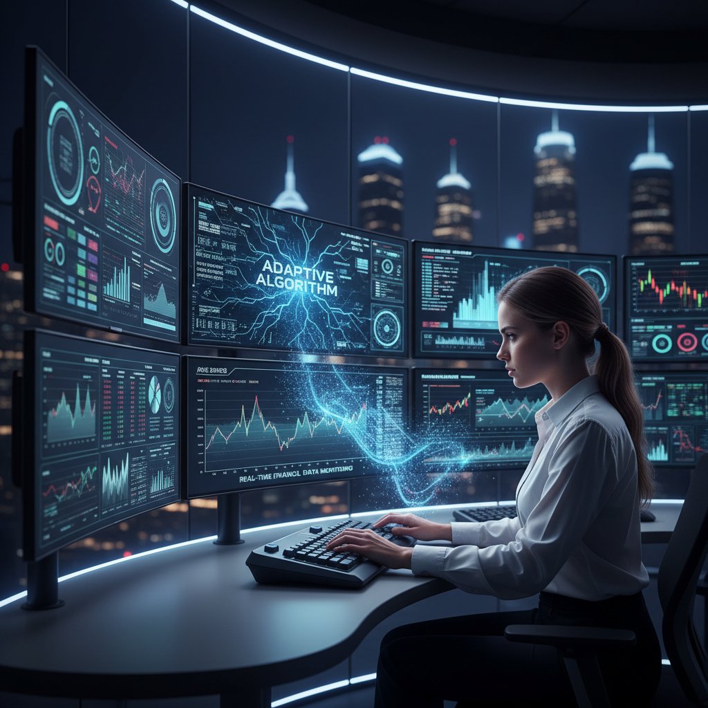 Close-up of an AI engineer monitoring real-time adaptive algorithm performance on financial data