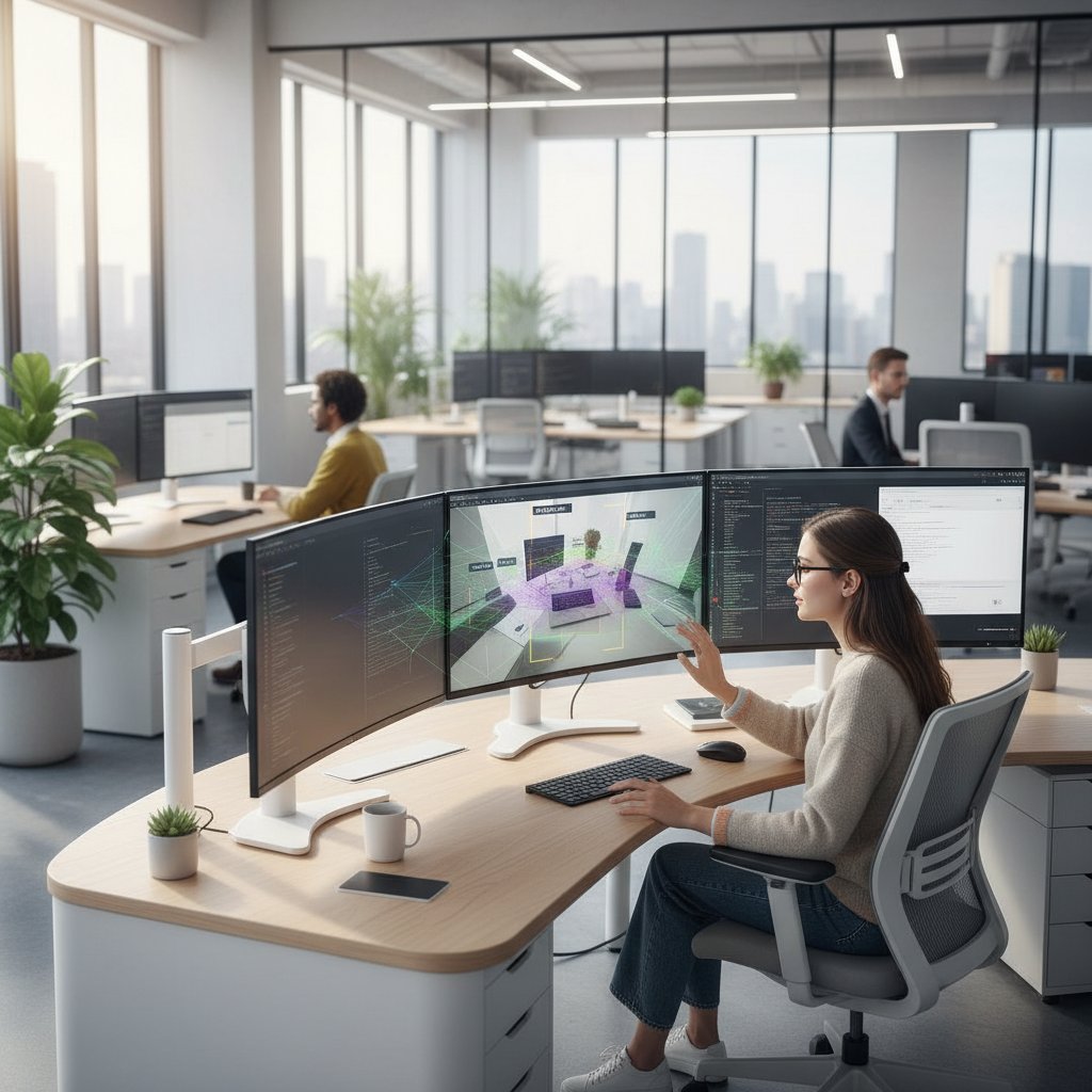 Inżynier AI przy komputerze z otwartym kodem analizującym obrazy, ekran z wyświetlonym wykryciem obiektów, nowoczesne biuro