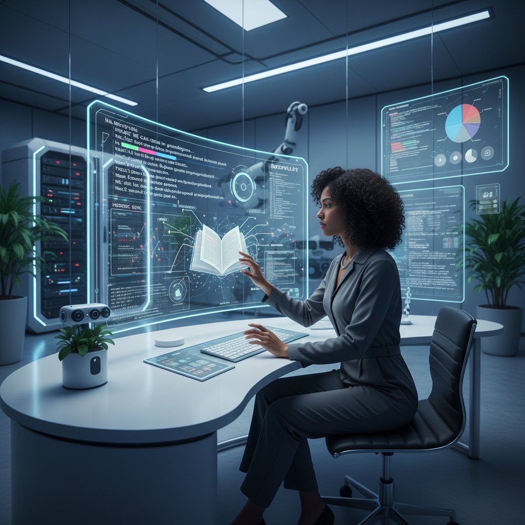 Inżynier AI analizujący teksty literackie na monitorach w nowoczesnym laboratorium