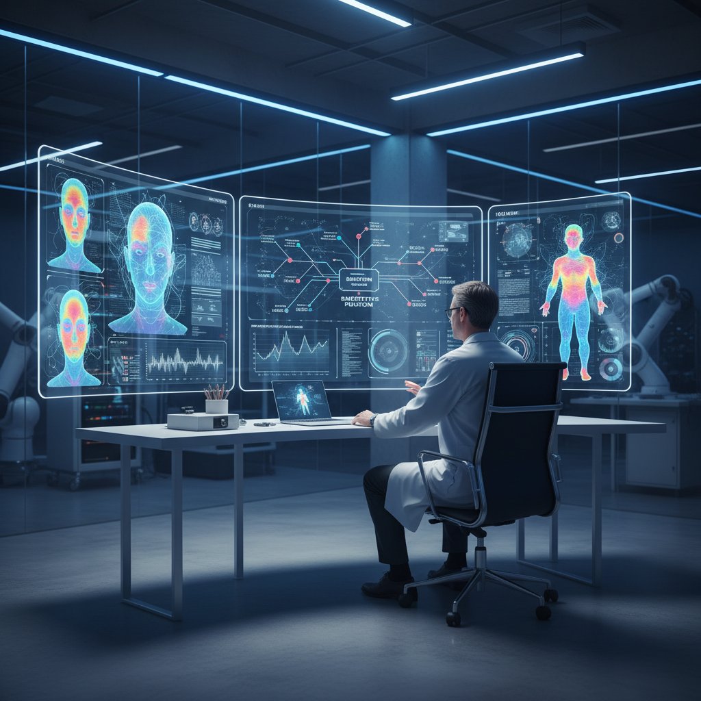 Inżynier AI prezentuje multimodalny model analizy emocji w nowoczesnym laboratorium