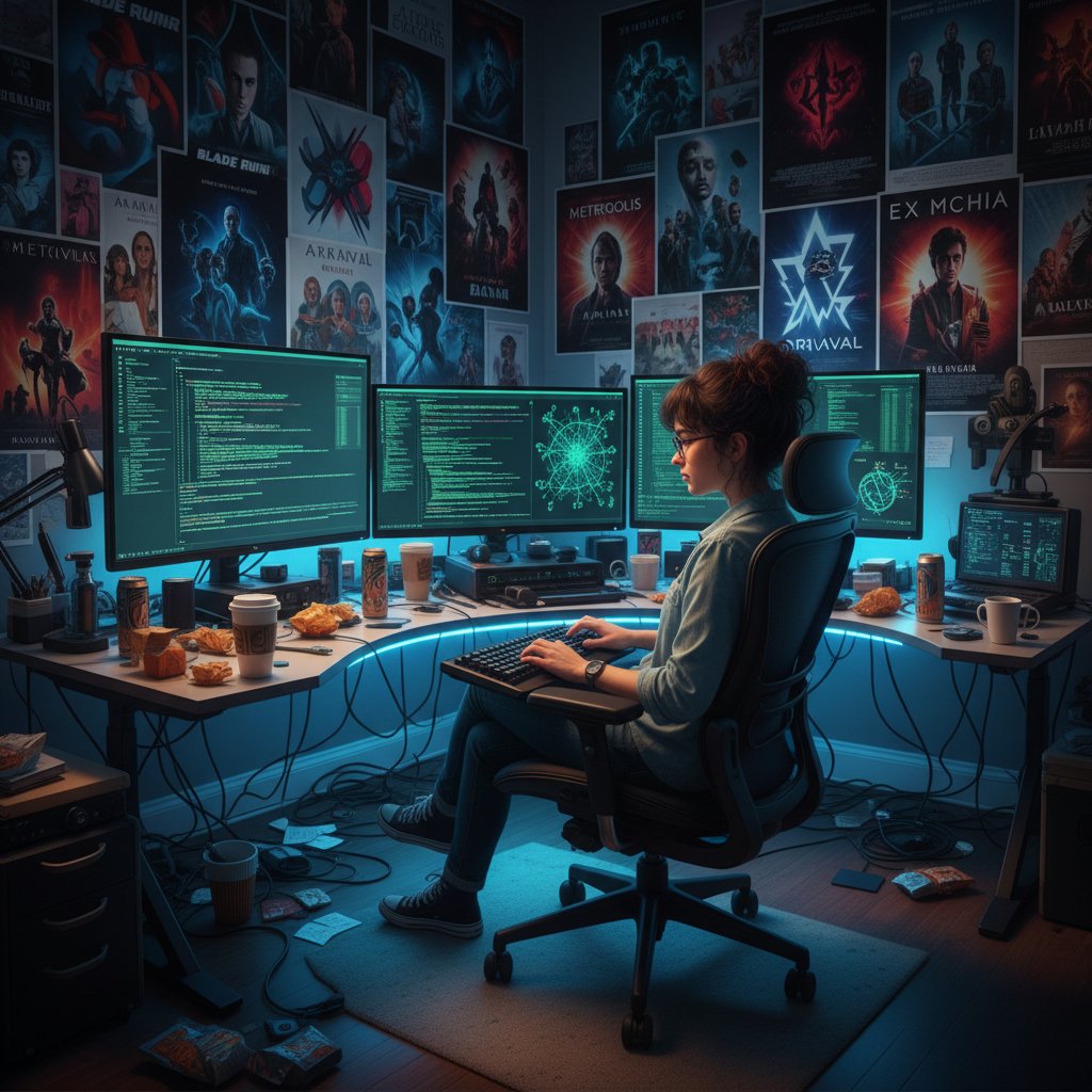 AI engineer designing movie recommendation system, workstation with film posters and code