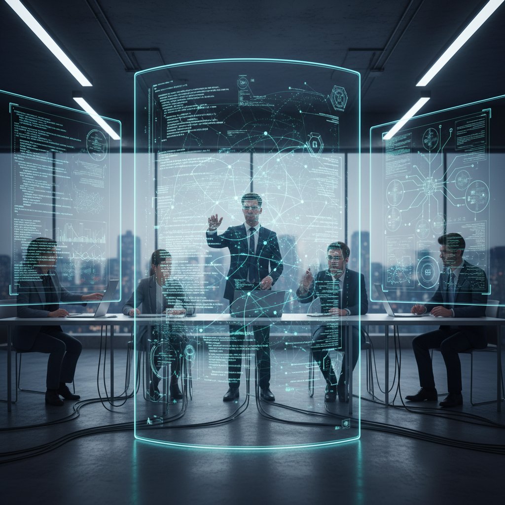 Inżynierowie AI pracujący przy kodzie i danych na szklanym ekranie