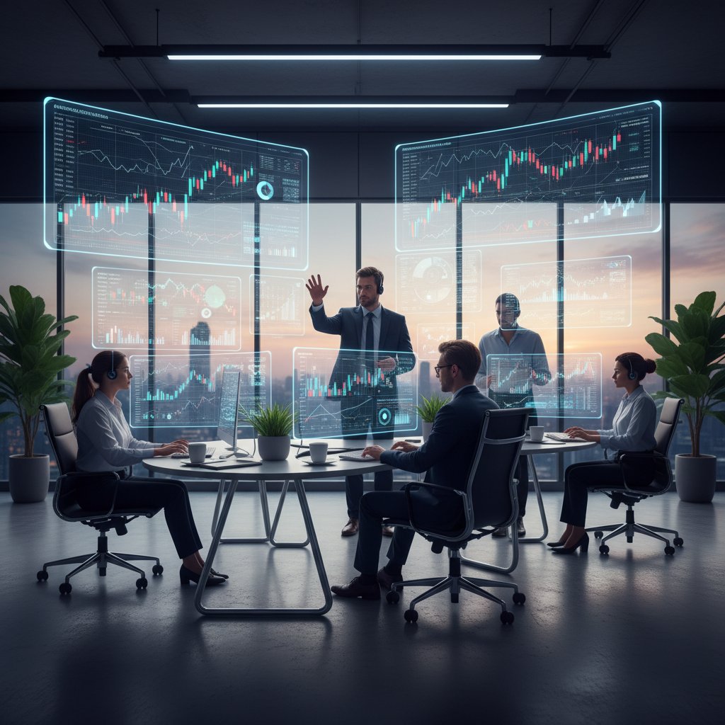 Inżynierowie AI przy komputerach analizujący dane finansowe, atmosfera współczesnego polskiego biura