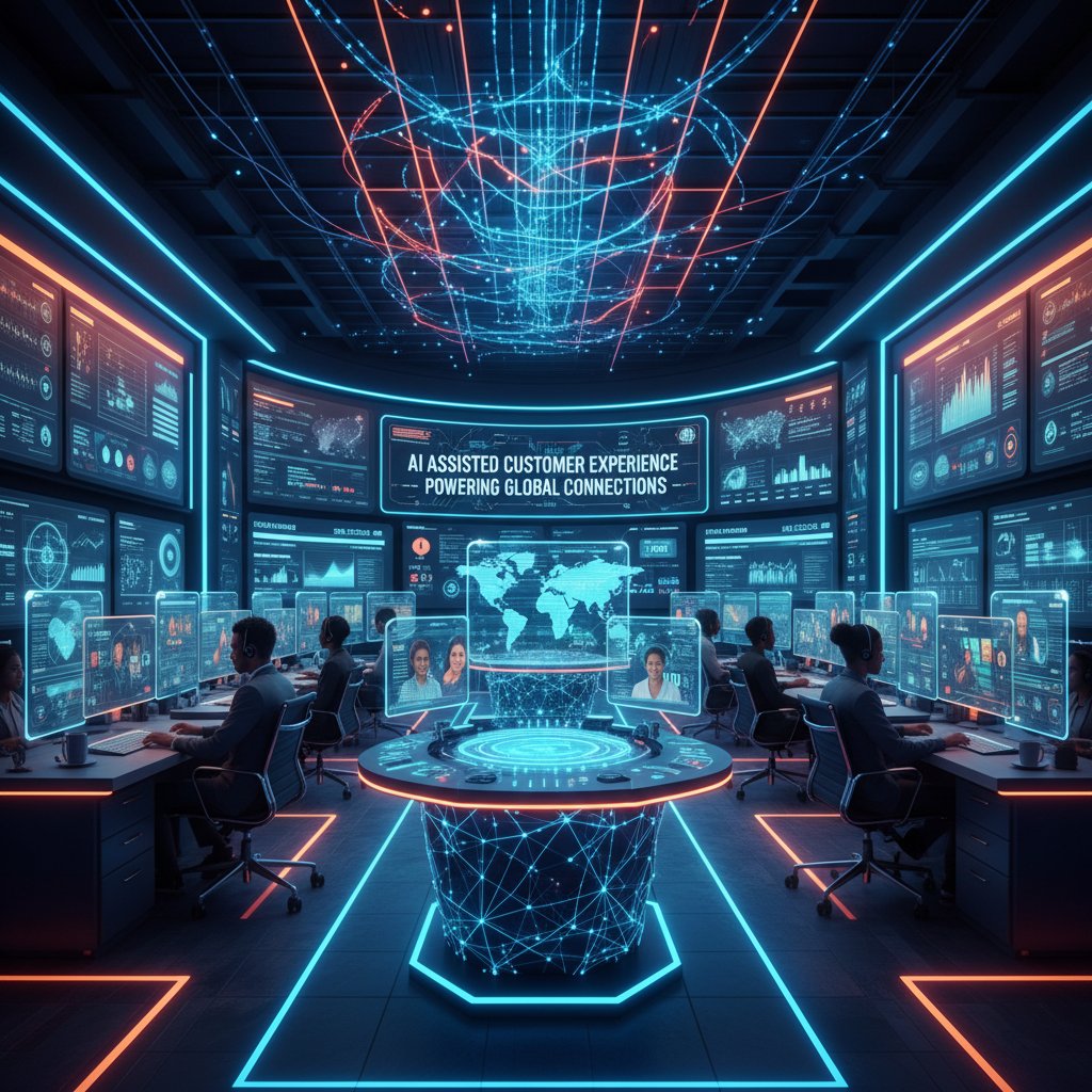 AI-powered enterprise command center, vibrant colors, energetic mood representing future of customer support representative roles