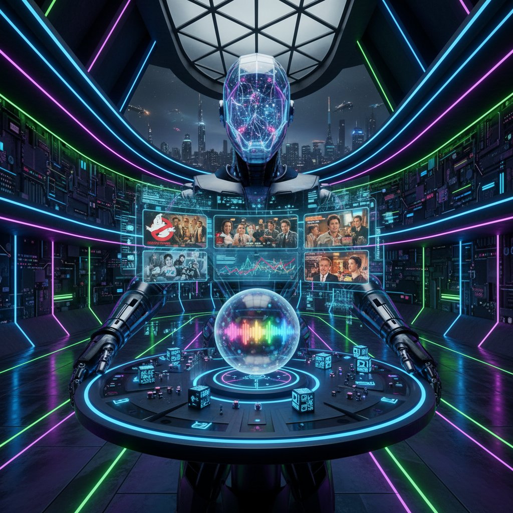 AI entity analyzing comedy movies, neon accents, ambiguous expressions, futuristic comedy curation