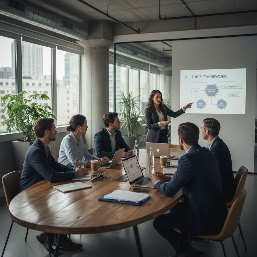 Grupa ludzi dyskutuje o etyce sztucznej inteligencji, nowoczesne biuro