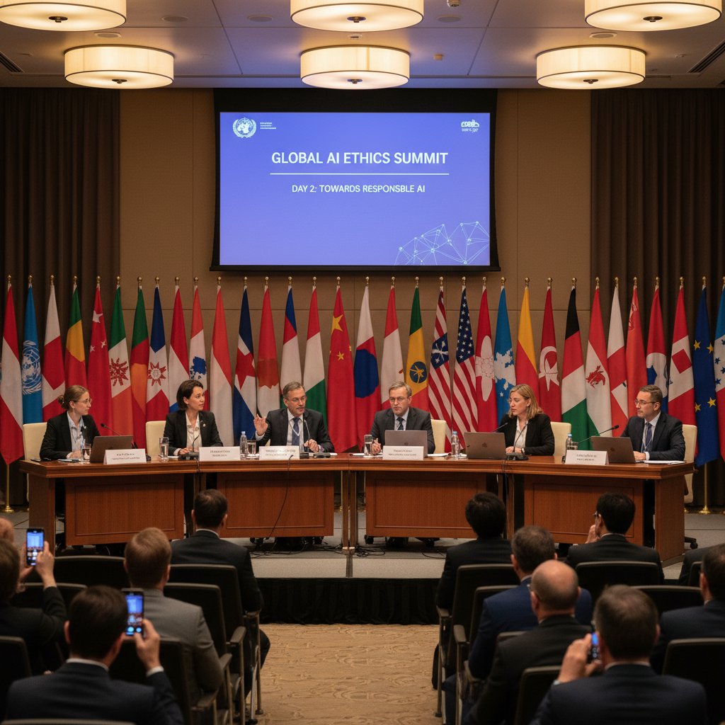 Spotkanie panelowe ekspertów od AI i etyki, międzynarodowa konferencja, flagi, mikrofony