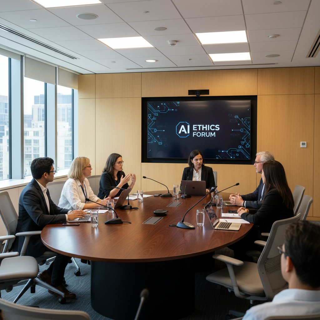 Zdjęcie panelu dyskusyjnego z ekspertami ds. AI i etyki, nowoczesna sala konferencyjna