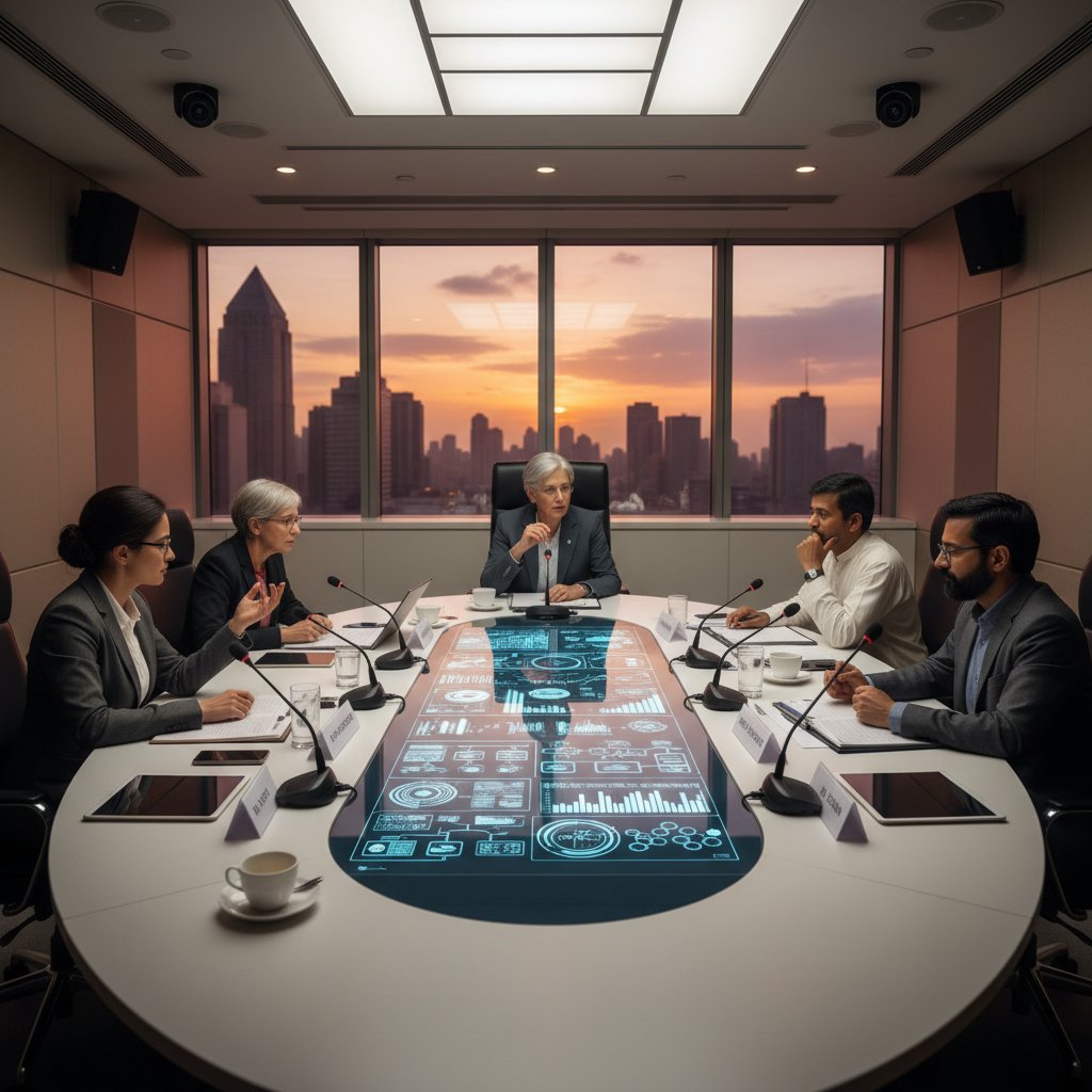 Panel dyskusyjny o etyce AI w negocjacjach w sali konferencyjnej