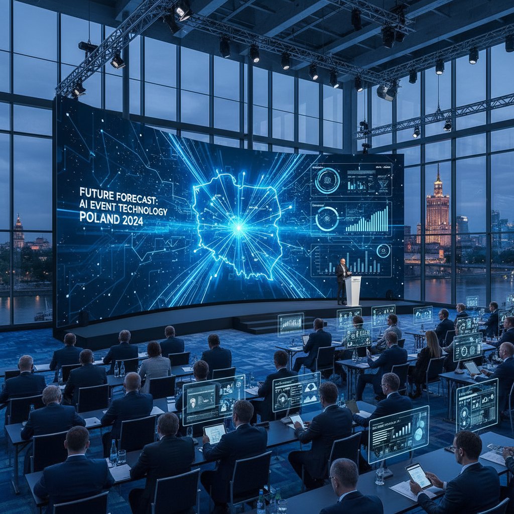 Nowoczesne technologie AI na konferencji, ekrany z predykcyjną analityką, polska scena