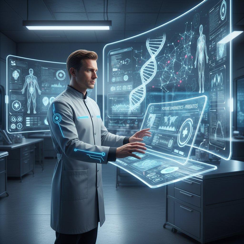 Ekspert ds. AI analizujący dane medyczne na zaawansowanym komputerze – symbol nowej ery w diagnostyce