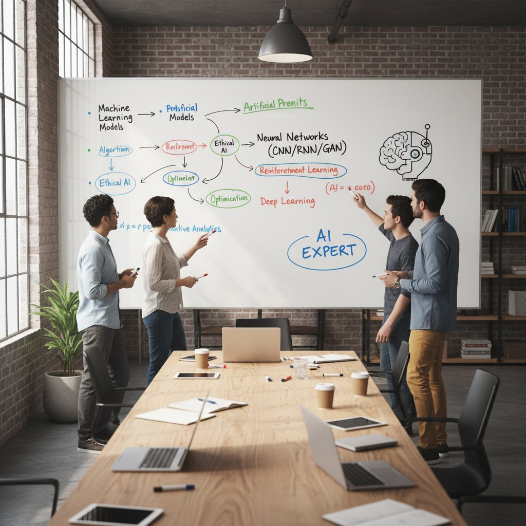Ekspert AI analizujący prompt engineering na tablicy podczas warsztatów