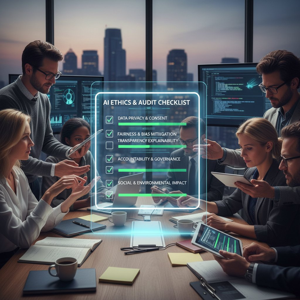 Grupa ekspertów AI analizująca checklistę etyczną przy komputerach