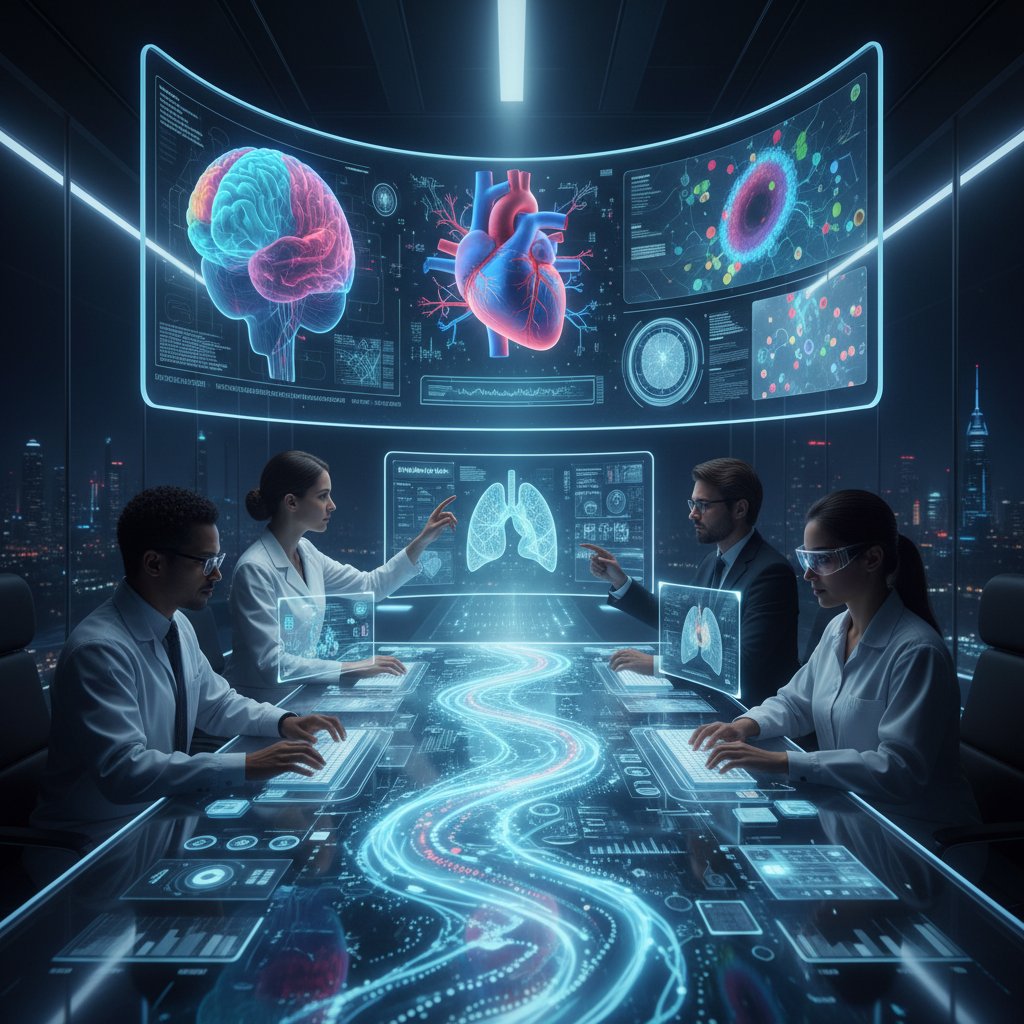 Zespół informatyków i lekarzy analizujących dane laboratoryjne na ekranach komputerów