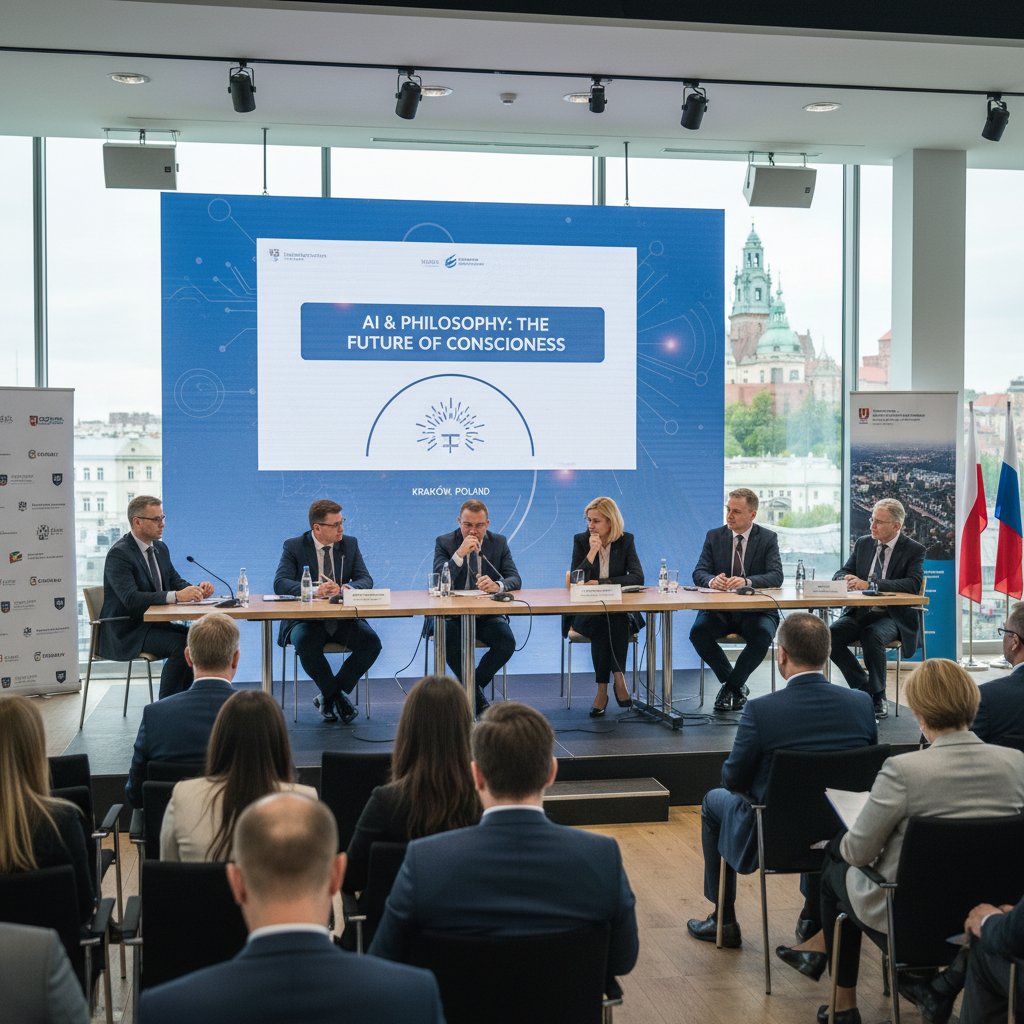 Debata ekspertów AI i filozofów podczas polskiej konferencji, symbol rewolucji filozoficznej w AI