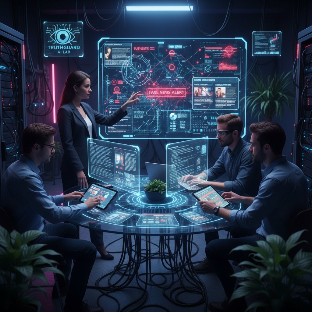 Zespół ekspertów w laboratorium technologii AI, analizujący przepływ informacji i wykrywający fake newsy