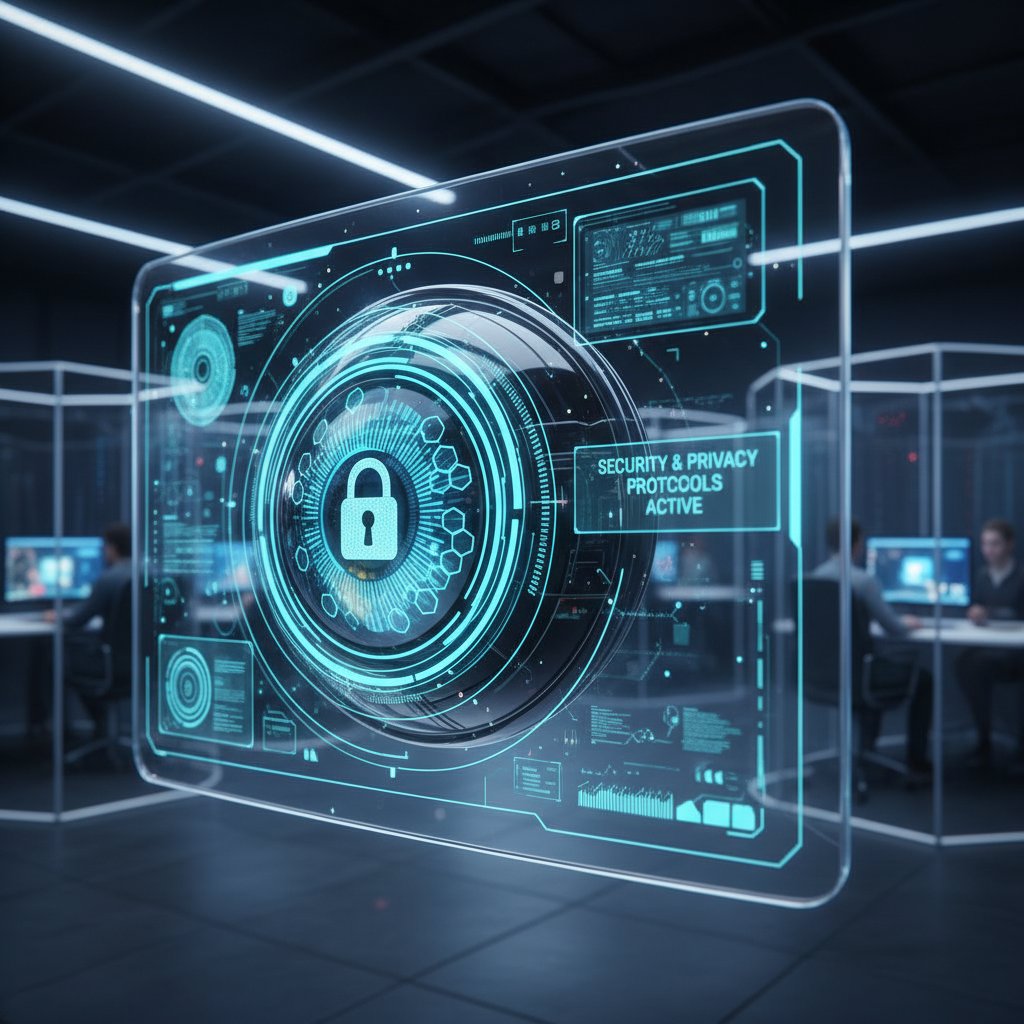 AI eye watching over digital workspace, security risks of natural language processing assistant