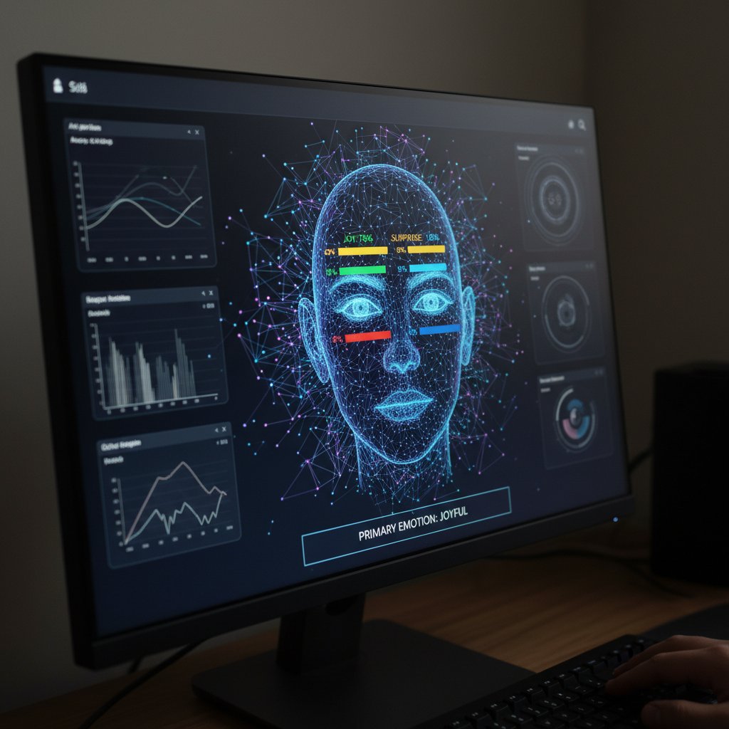 Zbliżenie na twarz AI z analizą emocji na ekranie komputera