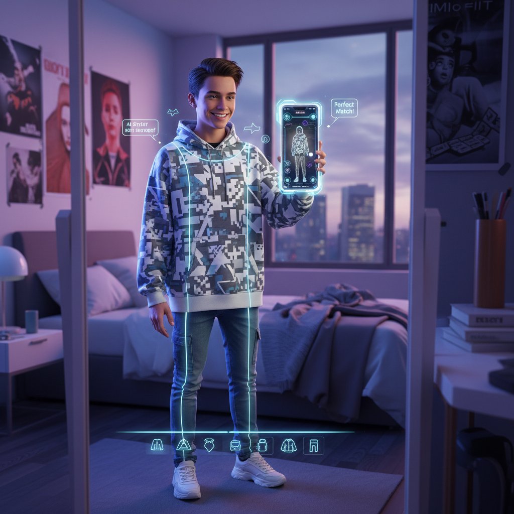 Zbliżenie na stylizacje podpowiadane przez AI na telefonie, młoda kobieta przymierza ubrania