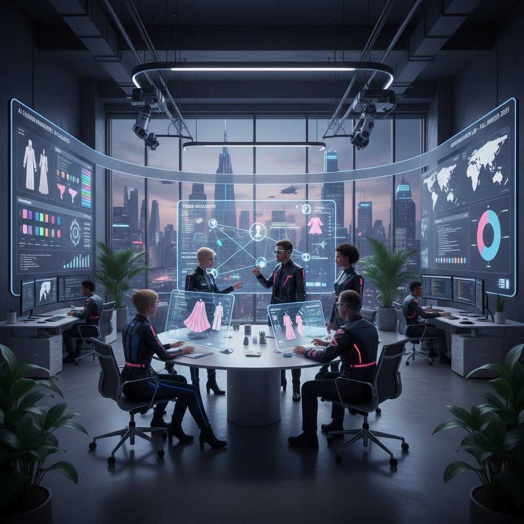Nowoczesny zespół młodych osób analizujących propozycje stylizacji AI na dużym ekranie
