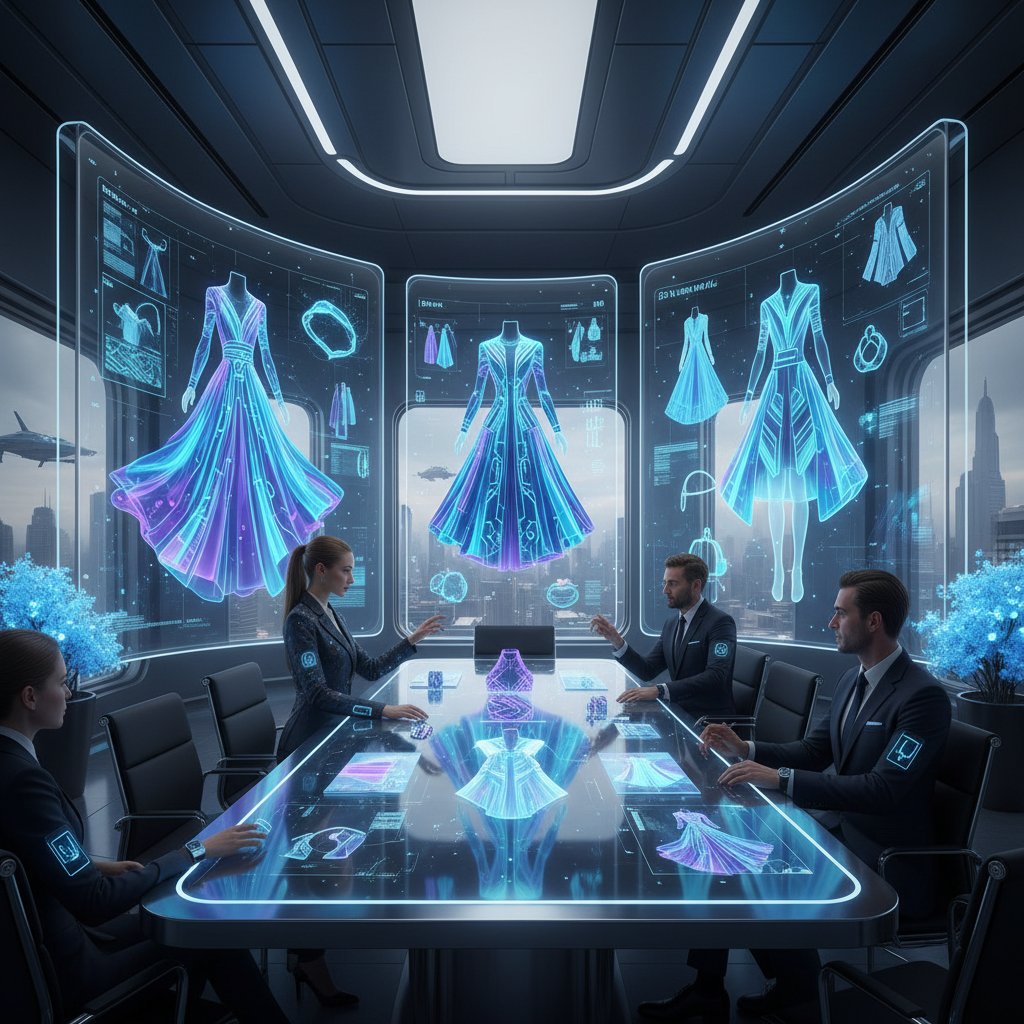 Grupa osób oglądająca prezentację o trendach modowych AI, sala konferencyjna, nowoczesny klimat