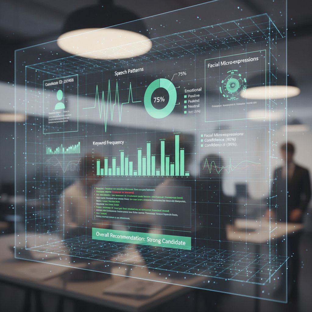 Zbliżenie na ekran z analizą AI odpowiedzi kandydata podczas symulacji online